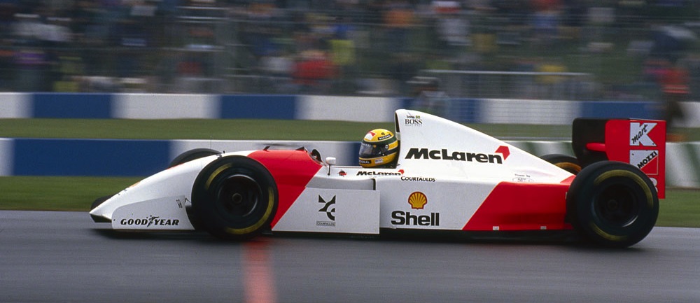 Ayrton Sennsa driving his Mclaren F1 car at Silverstone 1993